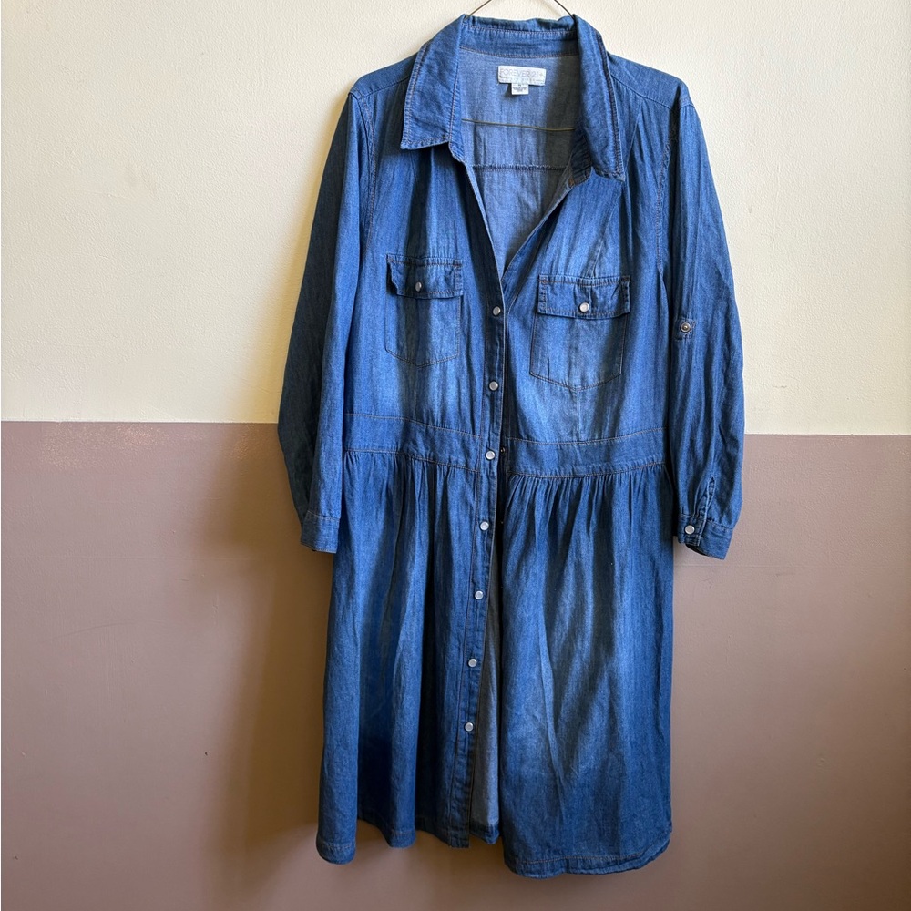 Forever 21 Blue Denim Long-Sleeve Shirt Dress